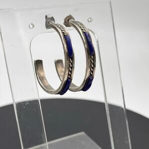 Blue Lapis Lazuli Inlay Vintage Sterling 925 Rope channel Hoop‎ Pierced Earring